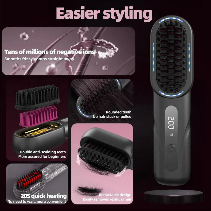 USB Rechargeable Hair Straightening Comb with 4 Heat Settings & Fast Heating