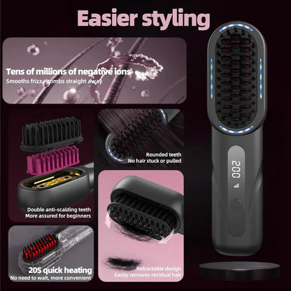 USB Rechargeable Hair Straightening Comb with 4 Heat Settings & Fast Heating