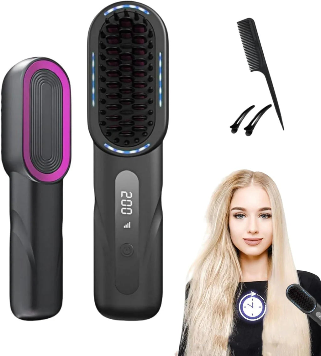 USB Rechargeable Hair Straightening Comb with 4 Heat Settings & Fast Heating